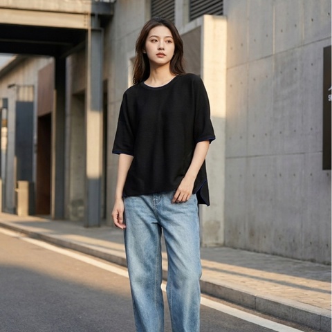 96）ISSEY MIYAKE A-POC INSIDE 橫紋壓褶藍邊飾落肩廓形上衣