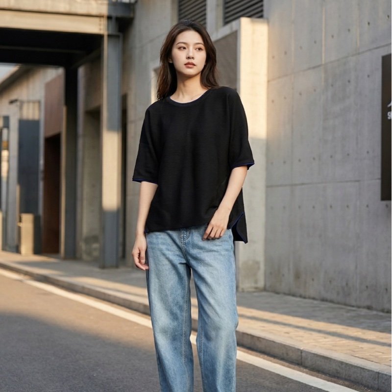 96）ISSEY MIYAKE A-POC INSIDE 橫紋壓褶藍邊飾落肩廓形上衣-0