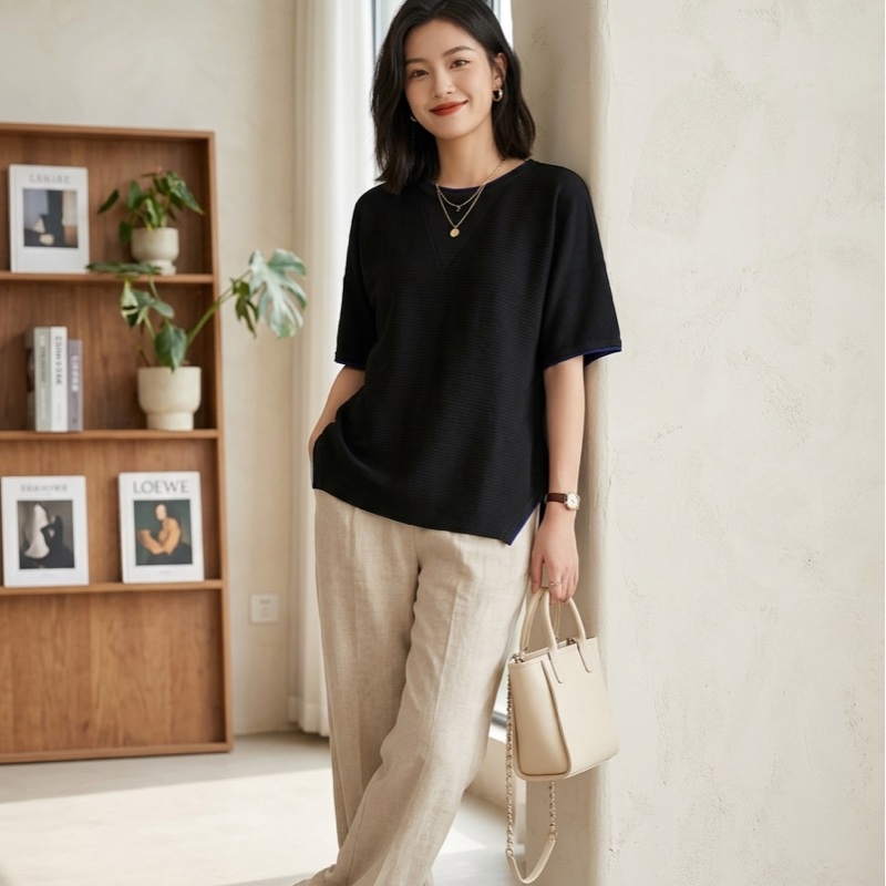 96）ISSEY MIYAKE A-POC INSIDE 橫紋壓褶藍邊飾落肩廓形上衣-1