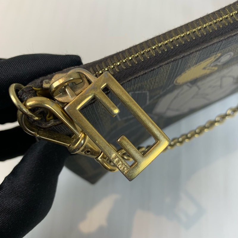 芬迪/Fendi Zucca 棕色金扣老花塗鴉腋下麻將包 獨特的玫瑰花與瓢蟲圖案20x4x12cm-6