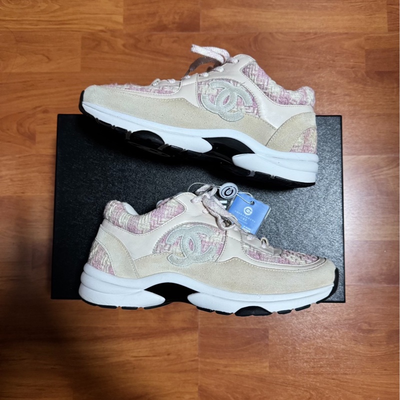 Chanel正品香奈兒徽標粗花毛呢運動鞋 女款 粉米色 38碼-0