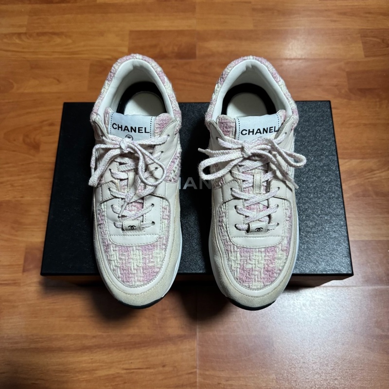 Chanel正品香奈兒徽標粗花毛呢運動鞋 女款 粉米色 38碼-2