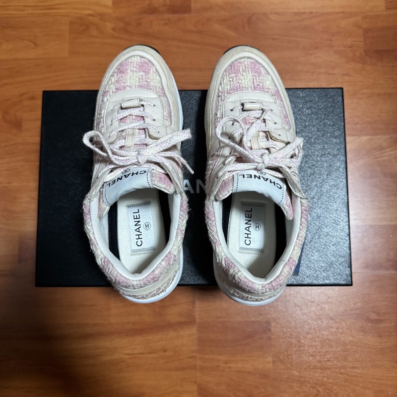 Chanel正品香奈兒徽標粗花毛呢運動鞋 女款 粉米色 38碼-3