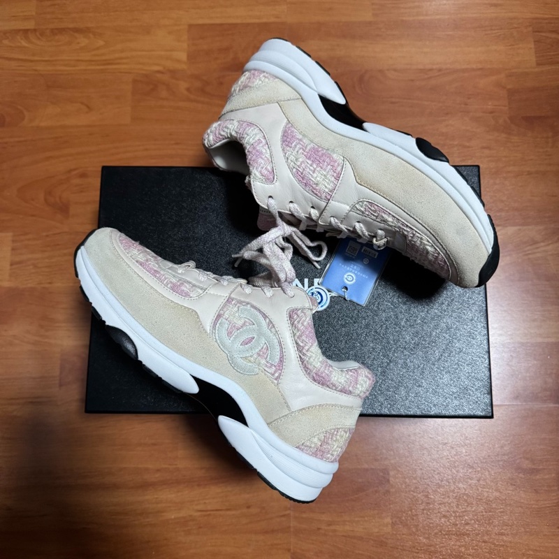 Chanel正品香奈兒徽標粗花毛呢運動鞋 女款 粉米色 38碼-7