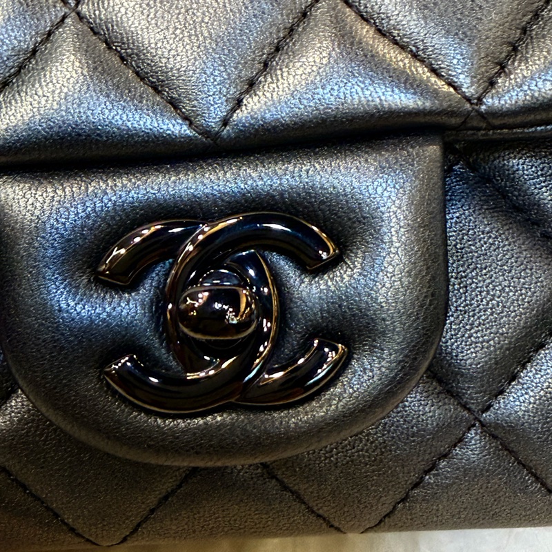 Chanel mini CF Coco20 銀黑灰羊皮銀黑釦-2