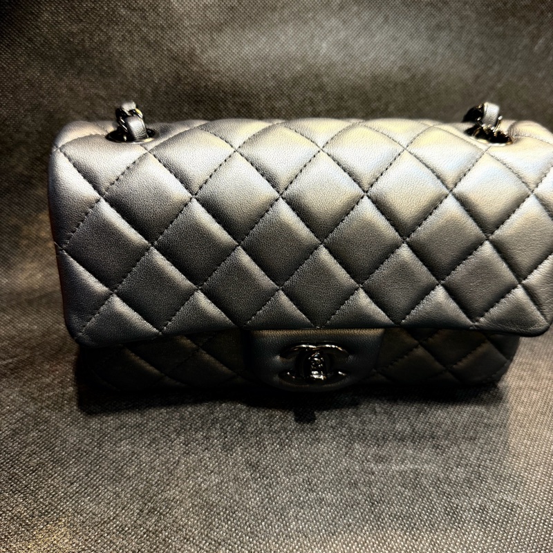 Chanel mini CF Coco20 銀黑灰羊皮銀黑釦-4