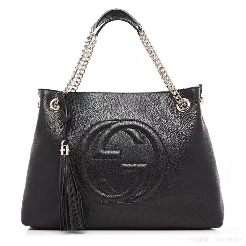 GUCCI古馳黑金配色荔枝紋牛皮流蘇托特包🍔-0