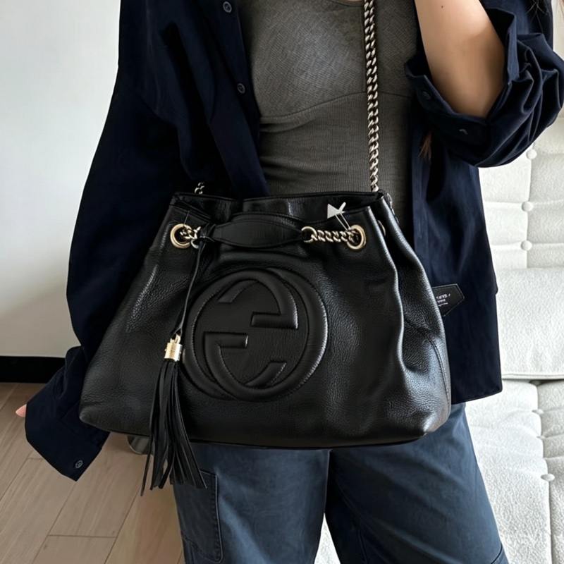 GUCCI古馳黑金配色荔枝紋牛皮流蘇托特包🍔-3