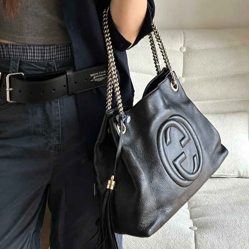 GUCCI古馳黑金配色荔枝紋牛皮流蘇托特包🍔-5