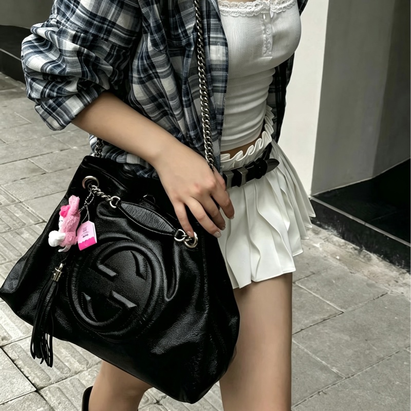 GUCCI古馳黑金配色荔枝紋牛皮流蘇托特包🍔-6