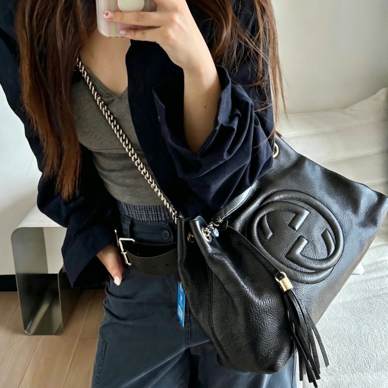 GUCCI古馳黑金配色荔枝紋牛皮流蘇托特包🍔-7