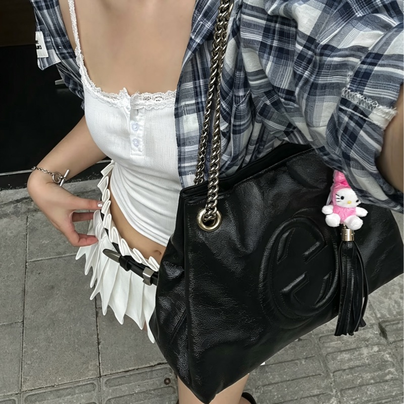 GUCCI古馳黑金配色荔枝紋牛皮流蘇托特包🍔-8