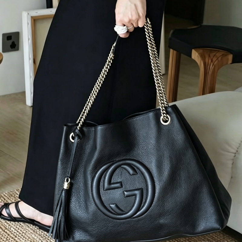 GUCCI古馳黑金配色荔枝紋牛皮流蘇托特包🍔-9