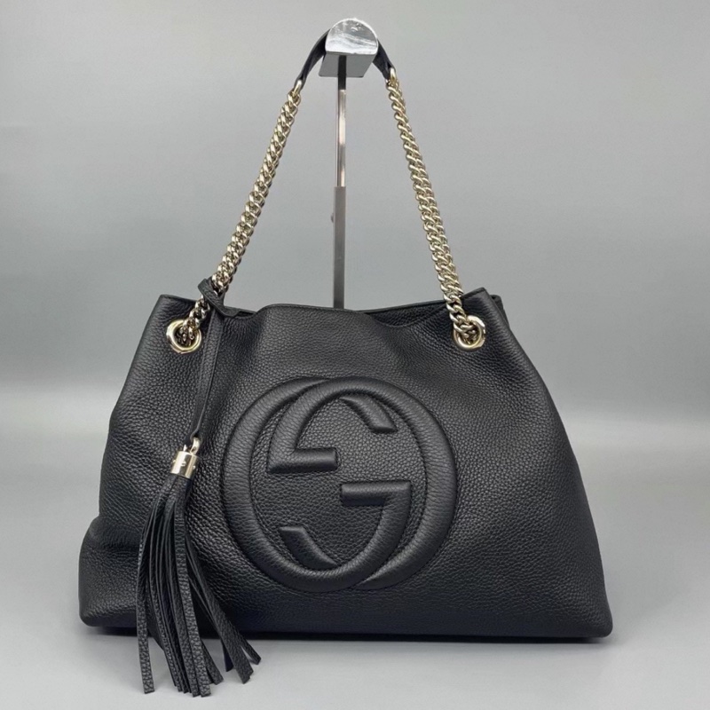 GUCCI古馳黑金配色荔枝紋牛皮流蘇托特包🍔-10