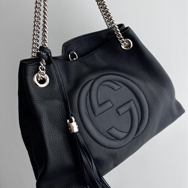 GUCCI古馳黑金配色荔枝紋牛皮流蘇托特包🍔-18