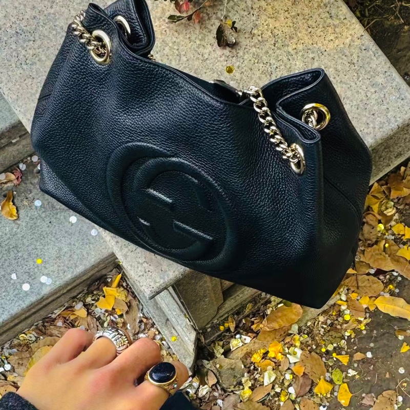 GUCCI古馳黑金配色荔枝紋牛皮流蘇托特包🍔-19