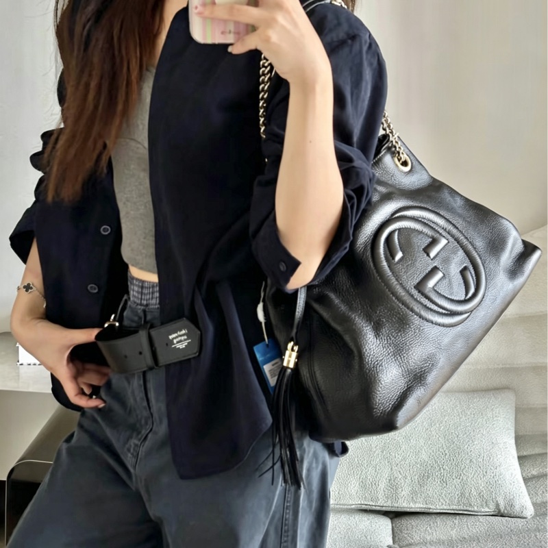 GUCCI古馳黑金配色荔枝紋牛皮流蘇托特包🍔-24