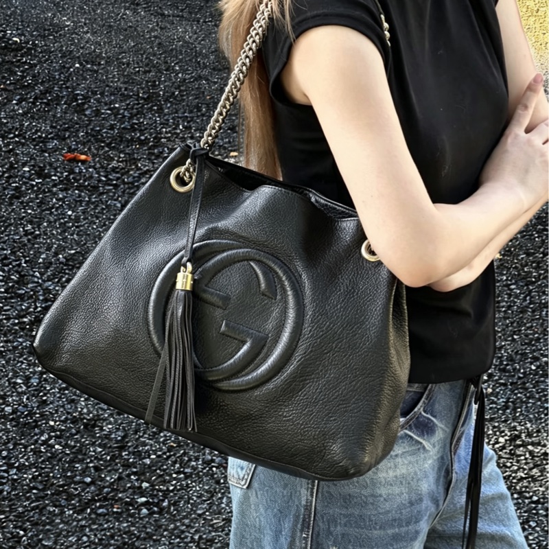 GUCCI古馳黑金配色荔枝紋牛皮流蘇托特包🍔-29