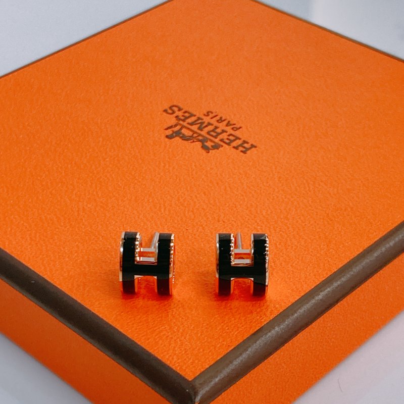 MS0649 Hermes 愛馬仕 迷你 琺瑯耳環 黑色 玫瑰金色  Mini Pop H Earrings Black x RGHW-2