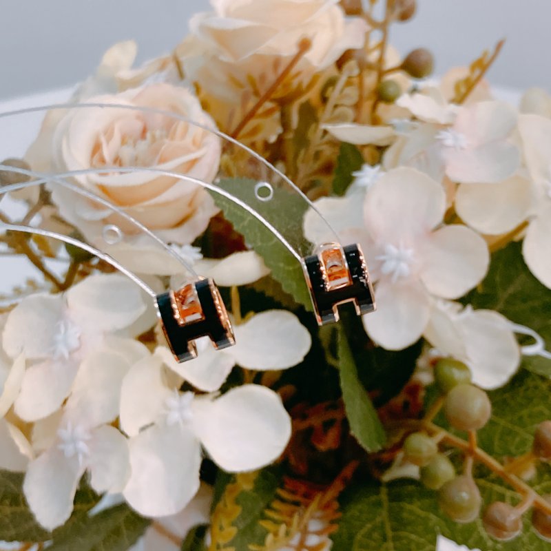 MS0649 Hermes 愛馬仕 迷你 琺瑯耳環 黑色 玫瑰金色  Mini Pop H Earrings Black x RGHW-8