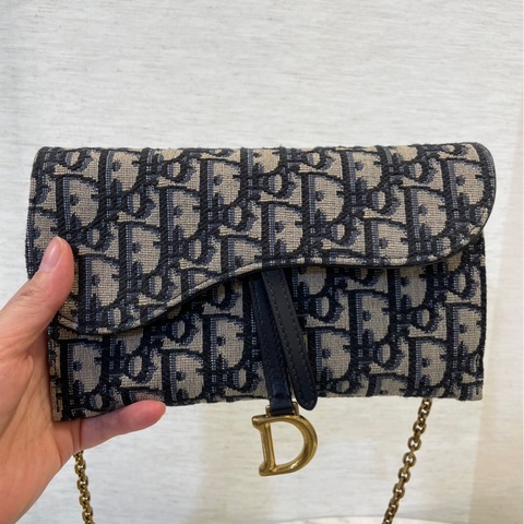 Dior 藍提花布霧金釦Saddle二合一斜背包