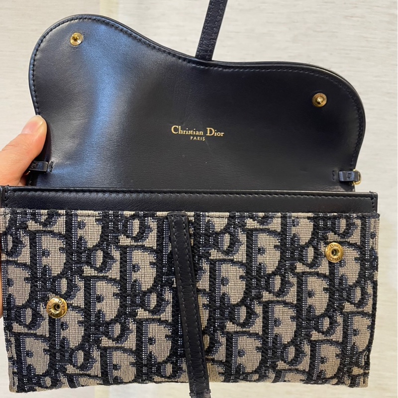 Dior 藍提花布霧金釦Saddle二合一斜背包-1