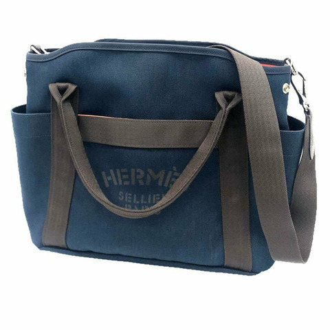 愛馬仕 Sac de Pansage 新郎手袋 單肩帆布軍綠 x 棕色 Y 字印章 男女款