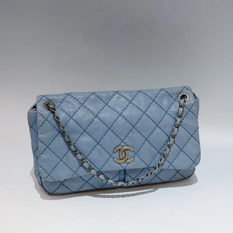 Chanel • 經典寶寶藍銀釦雙口袋牛皮鏈條機場包 Baby Blue 🩵有卡