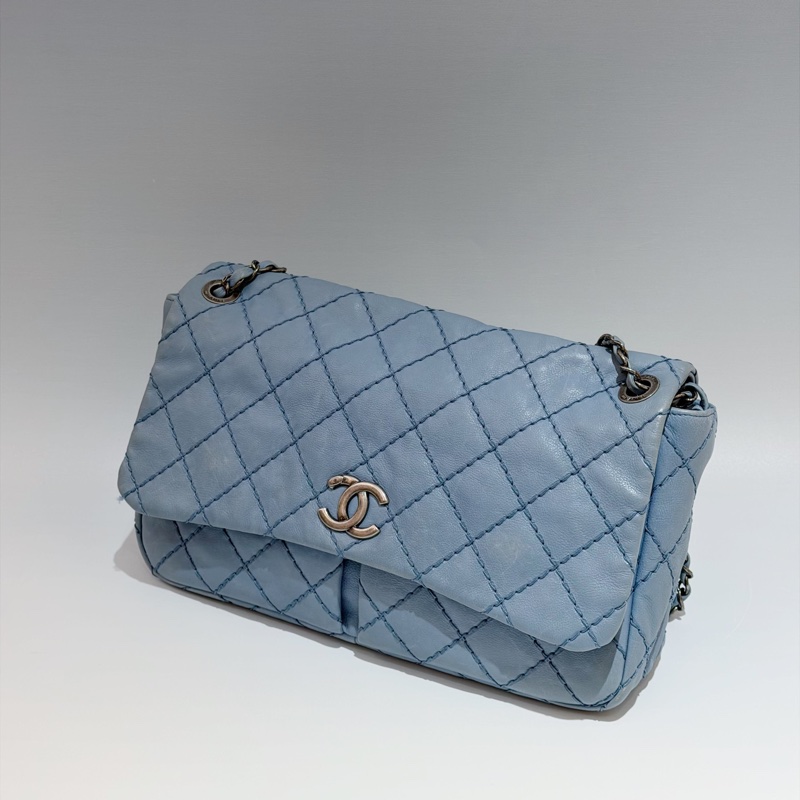 Chanel • 經典寶寶藍銀釦雙口袋牛皮鏈條機場包 Baby Blue 🩵有卡-1