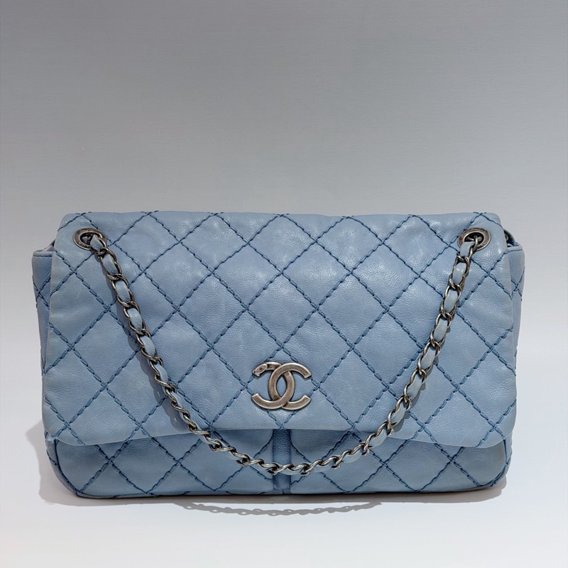 Chanel • 經典寶寶藍銀釦雙口袋牛皮鏈條機場包 Baby Blue 🩵有卡-2