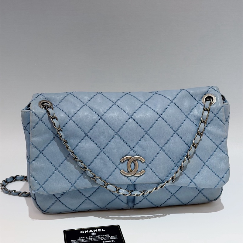 Chanel • 經典寶寶藍銀釦雙口袋牛皮鏈條機場包 Baby Blue 🩵有卡-5