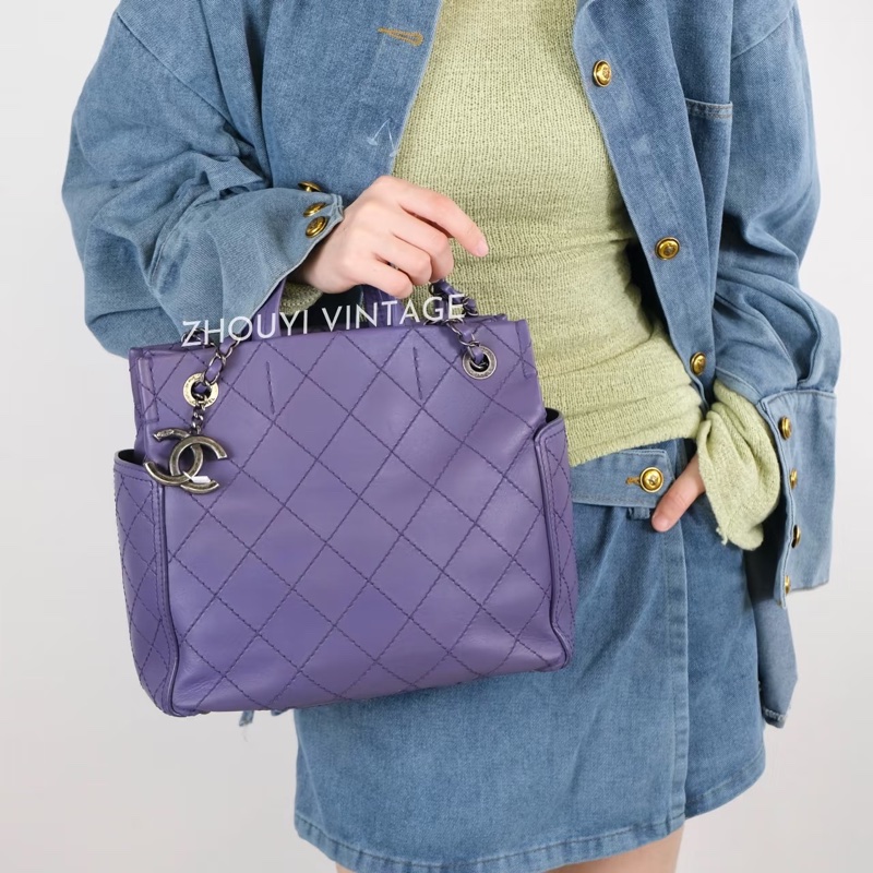 Chanel • 香芋紫銀釦外縫線牛皮托特包 Tote-1