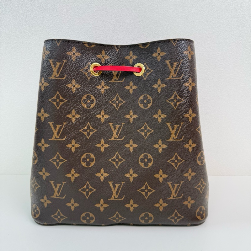 Louis Vuitton 路易威登 棕色塗層帆布老花水桶包斜挎包 紅色內里 金扣-3
