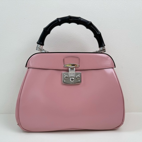 Gucci/古馳 粉色 竹節手提包 銀扣