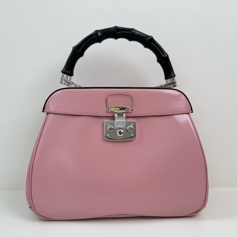 Gucci/古馳 粉色 竹節手提包 銀扣-0