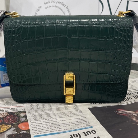 98新聖羅蘭 CarreBox墨綠色 鰐魚壓紋單肩包 底長22.5cm 🈚附件