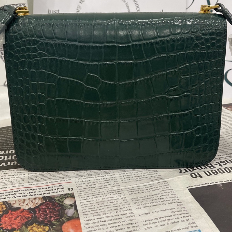 98新聖羅蘭 CarreBox墨綠色 鰐魚壓紋單肩包 底長22.5cm 🈚附件-1