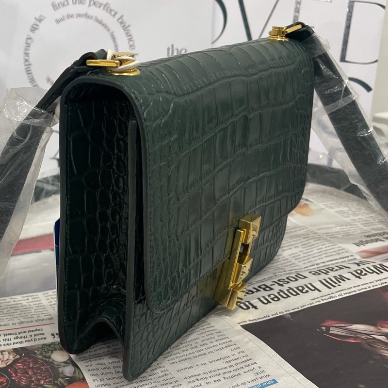 98新聖羅蘭 CarreBox墨綠色 鰐魚壓紋單肩包 底長22.5cm 🈚附件-2