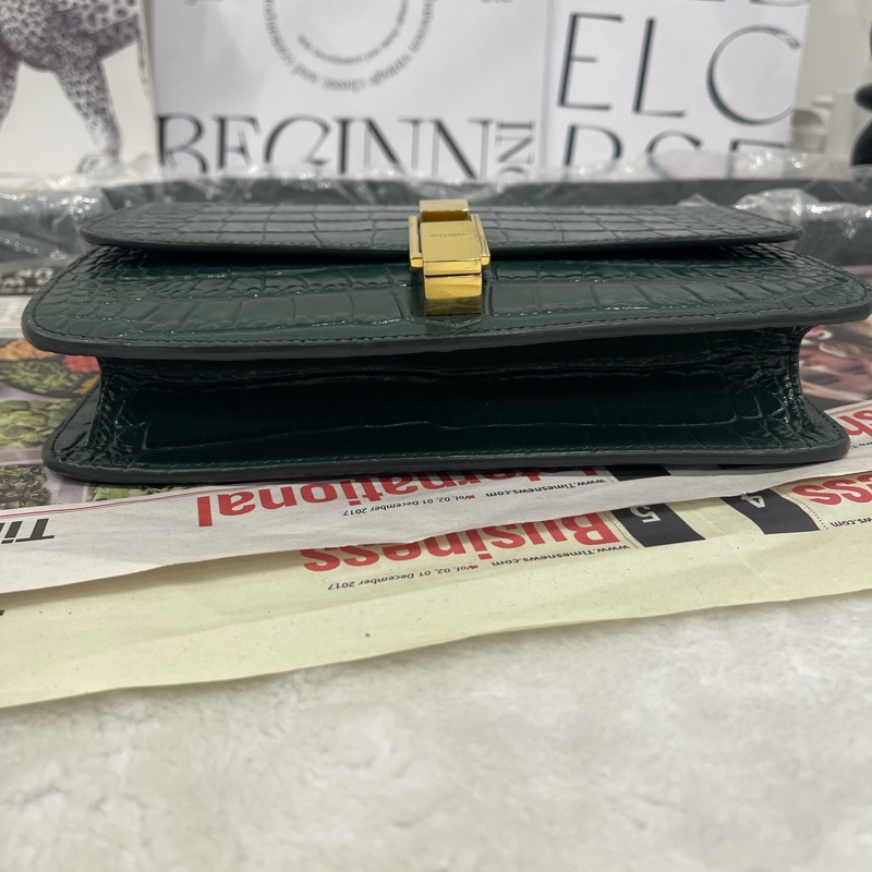 98新聖羅蘭 CarreBox墨綠色 鰐魚壓紋單肩包 底長22.5cm 🈚附件-4