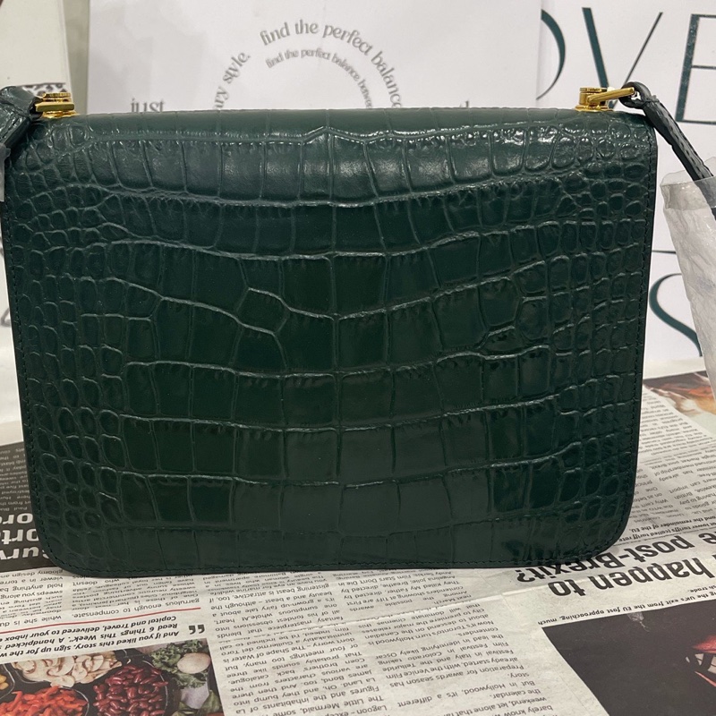 98新聖羅蘭 CarreBox墨綠色 鰐魚壓紋單肩包 底長22.5cm 🈚附件-5