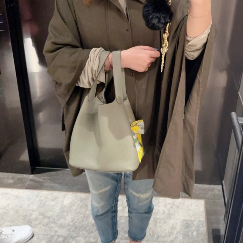 HERMRS 愛馬仕 鼠尾草灰綠金釦PICOTIN菜籃子22-5