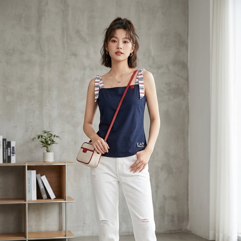 11）EA7 Emporio Armani 經典海軍藍拼接條紋織帶 彈力修身背心 / 坦克背心-1