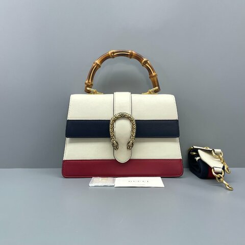 97新 二手GUCCI古驰女包拼色酒神竹节手提包/27*19*10cm/