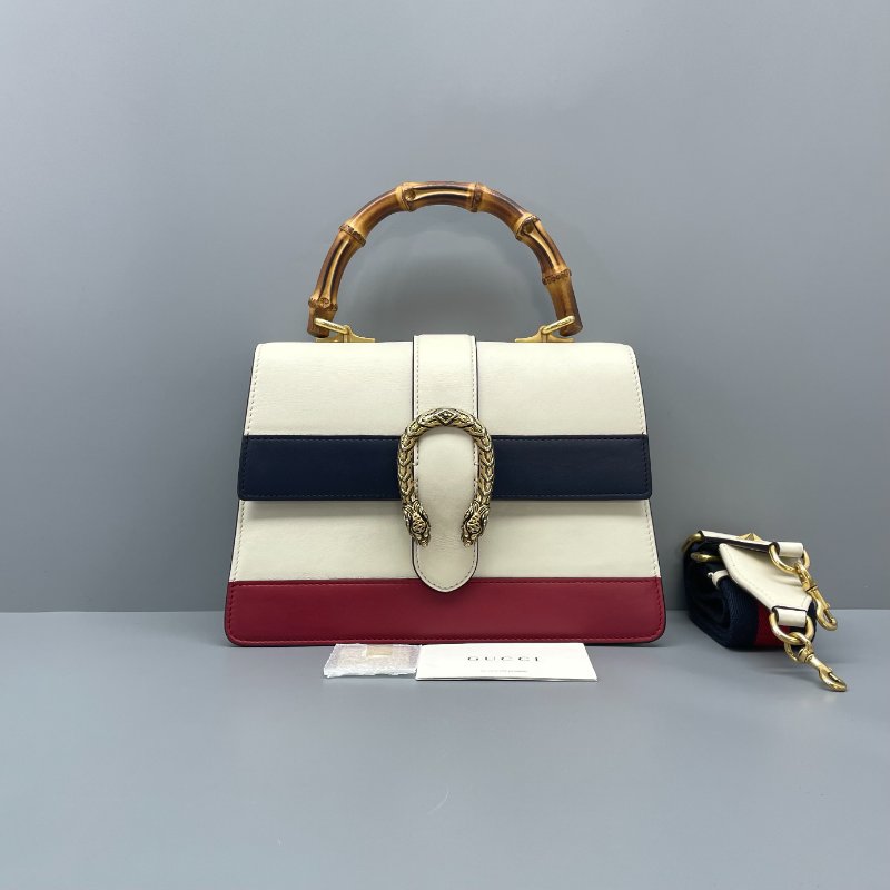 97新 二手GUCCI古驰女包拼色酒神竹节手提包/27*19*10cm/-0