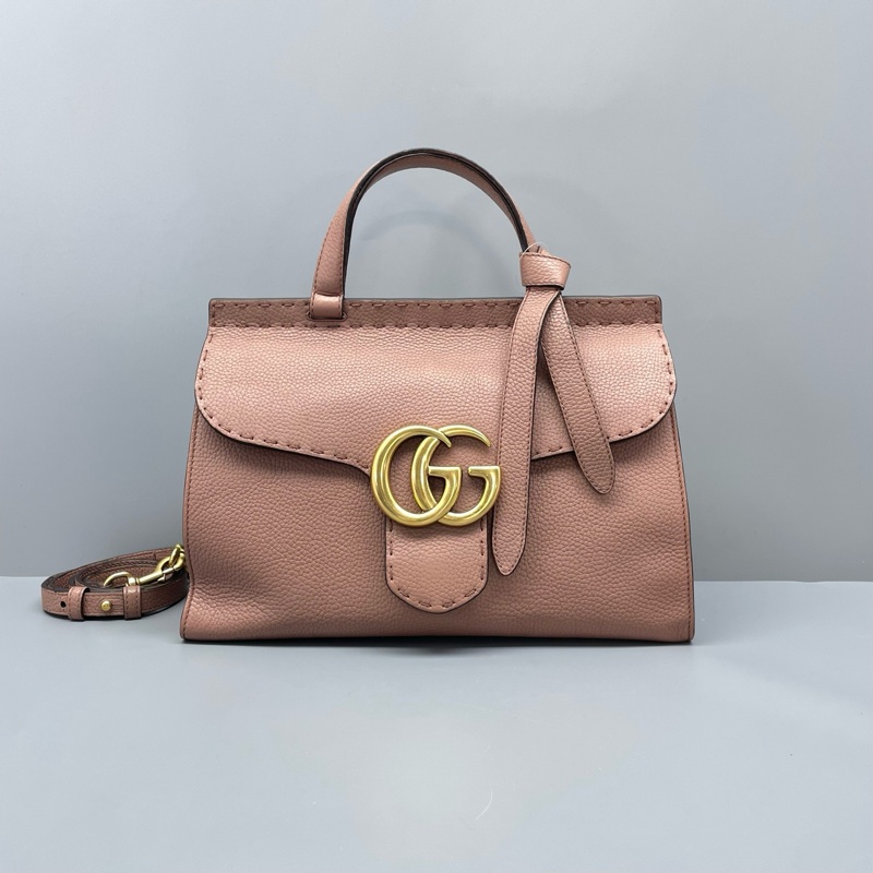 97新 二手Gucci古驰马蒙手提单肩包豆沙色/31*21*14cm/-0