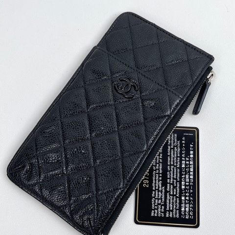 Chanel • 黑武士黑釦荔枝牛皮拉鏈錢包 So Black 有卡