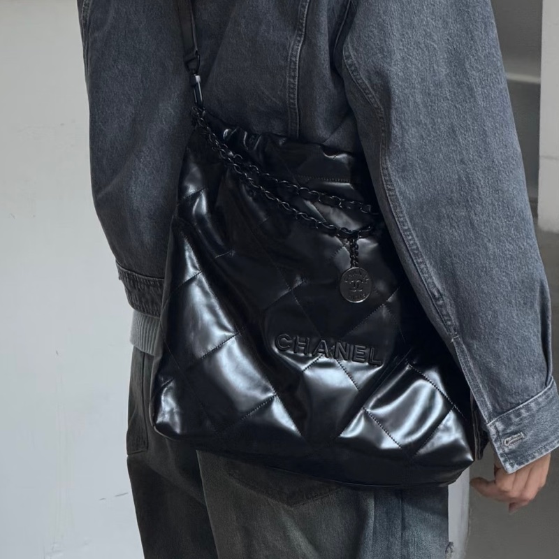 全網最低價🈶台灣購證😍Chanel香奈兒全黑soblack中號22bag單肩手提鏈條包-0