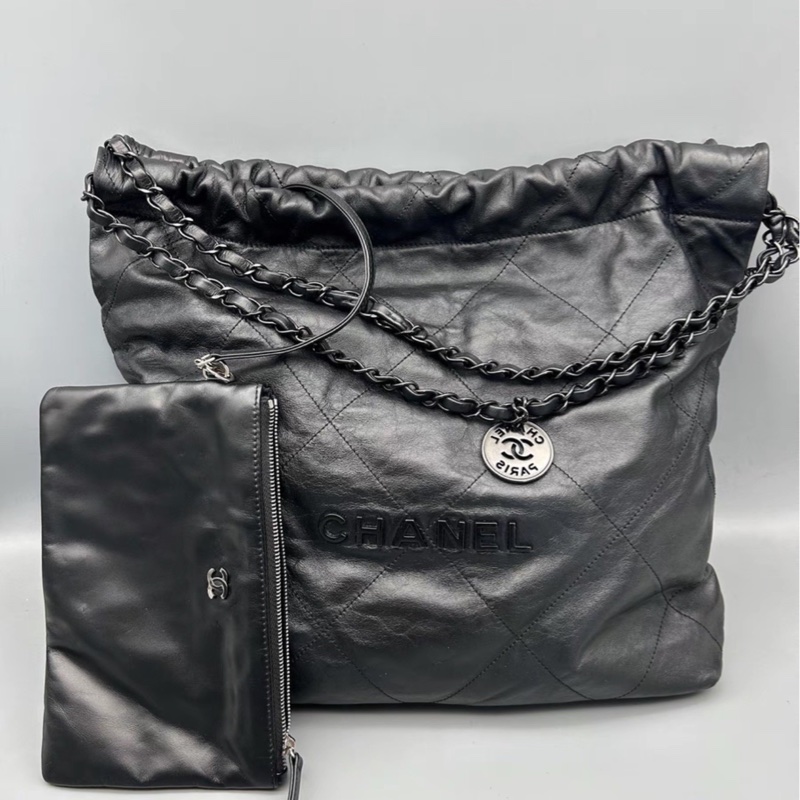 全網最低價🈶台灣購證😍Chanel香奈兒全黑soblack中號22bag單肩手提鏈條包-8