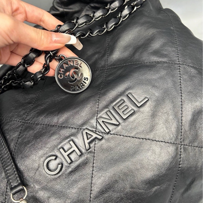 全網最低價🈶台灣購證😍Chanel香奈兒全黑soblack中號22bag單肩手提鏈條包-9