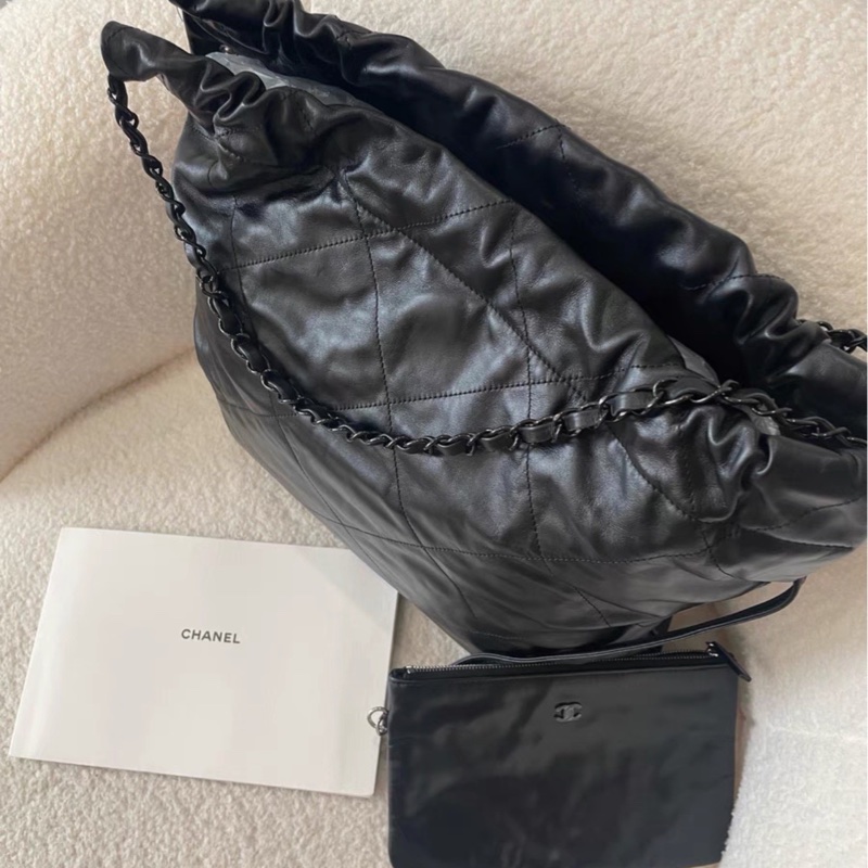 全網最低價🈶台灣購證😍Chanel香奈兒全黑soblack中號22bag單肩手提鏈條包-13